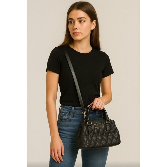Vera Bradley Black Quilted Leather Mini Bag Crossbody Top Handle Chic Everyday - Picture 1 of 15